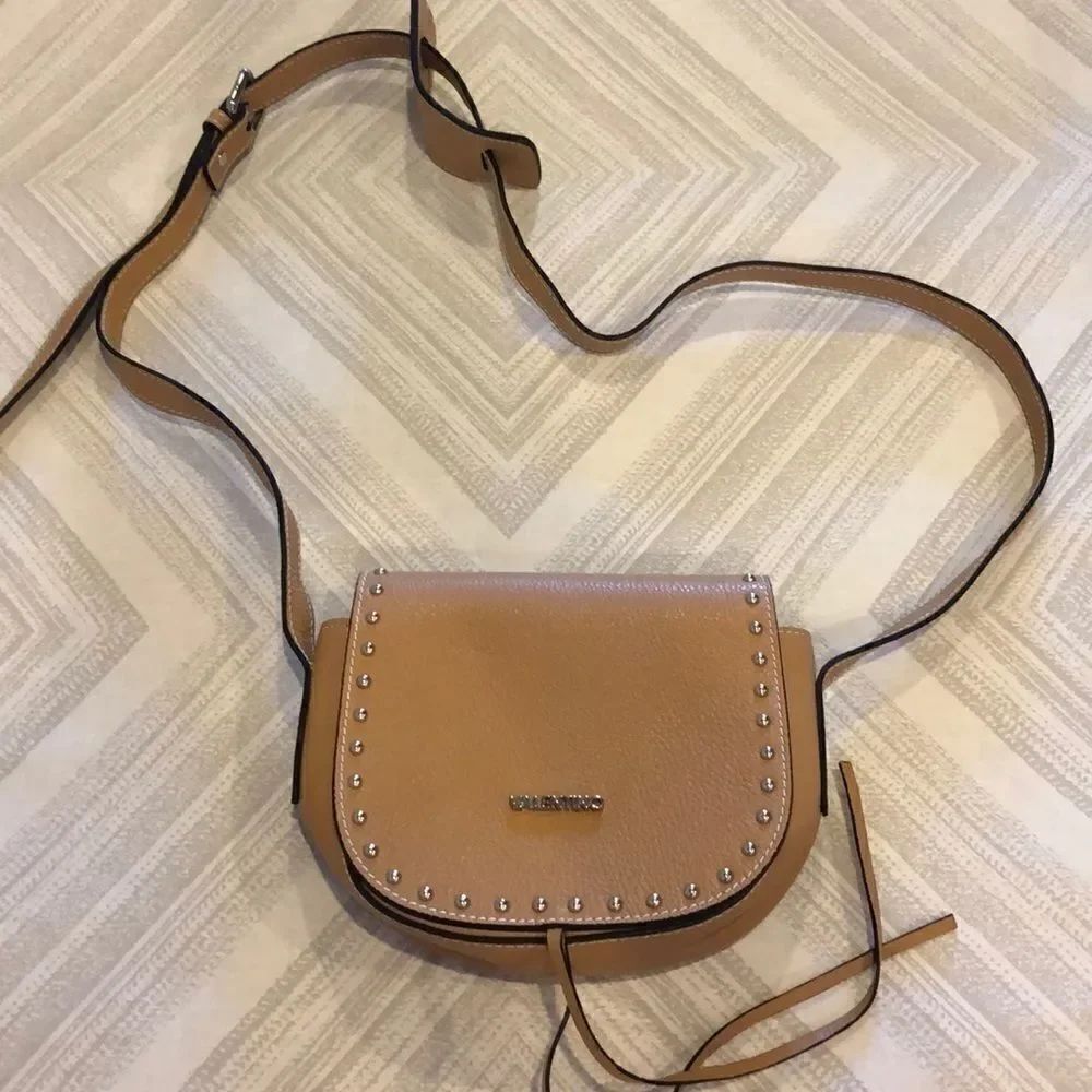 Mario Valentino Tan Small Satchel Crossbody Bag Silver Grommets Adjustable Strap